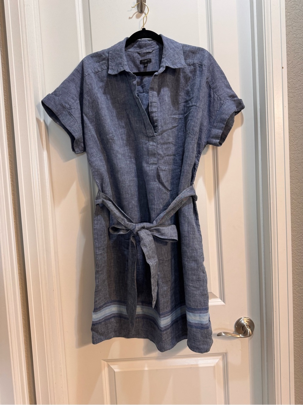 Talbots Blue Linen Dress Sz X Cap Sleeved Belted Collared Armpit To Armpit 24”